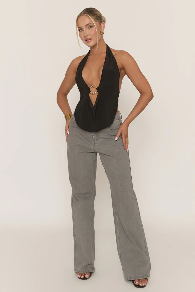 Black Gold Trim Plunge Halter Top - Arlea