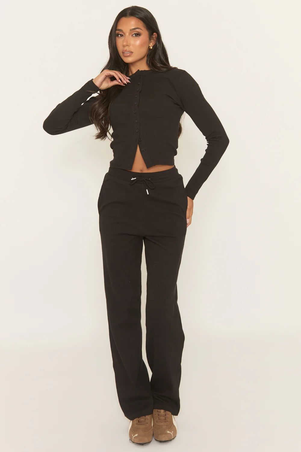 Button Front Long Sleeve Top and Trouser Co-Ord Set - Izzabelle