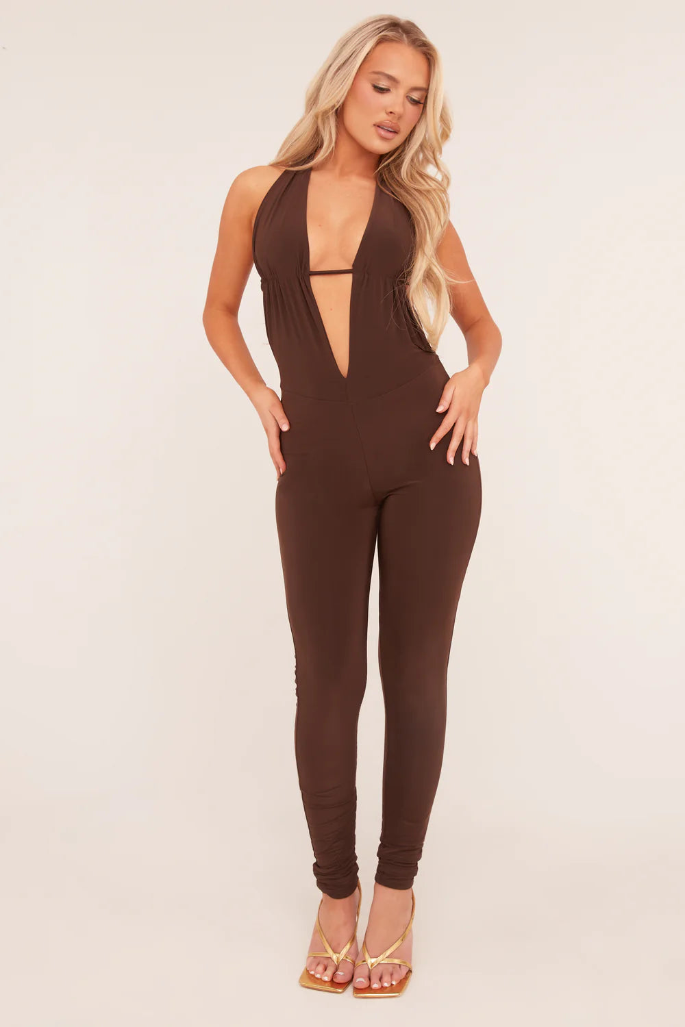 Brown Plunge Halter Neck Jumpsuit - Liliana
