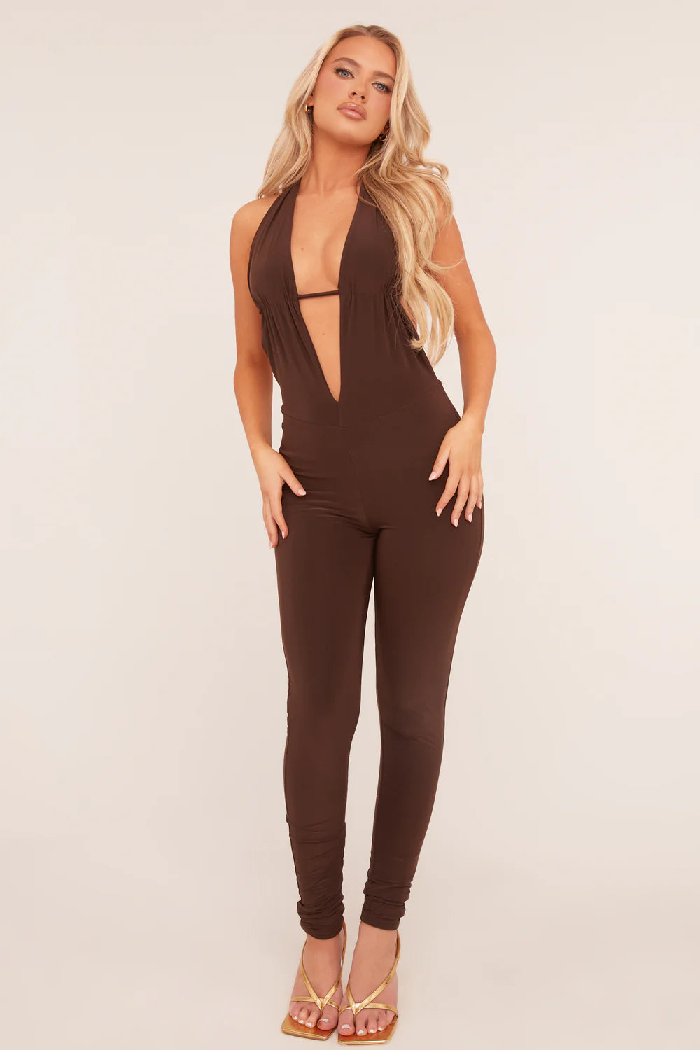 Brown Plunge Halter Neck Jumpsuit - Liliana
