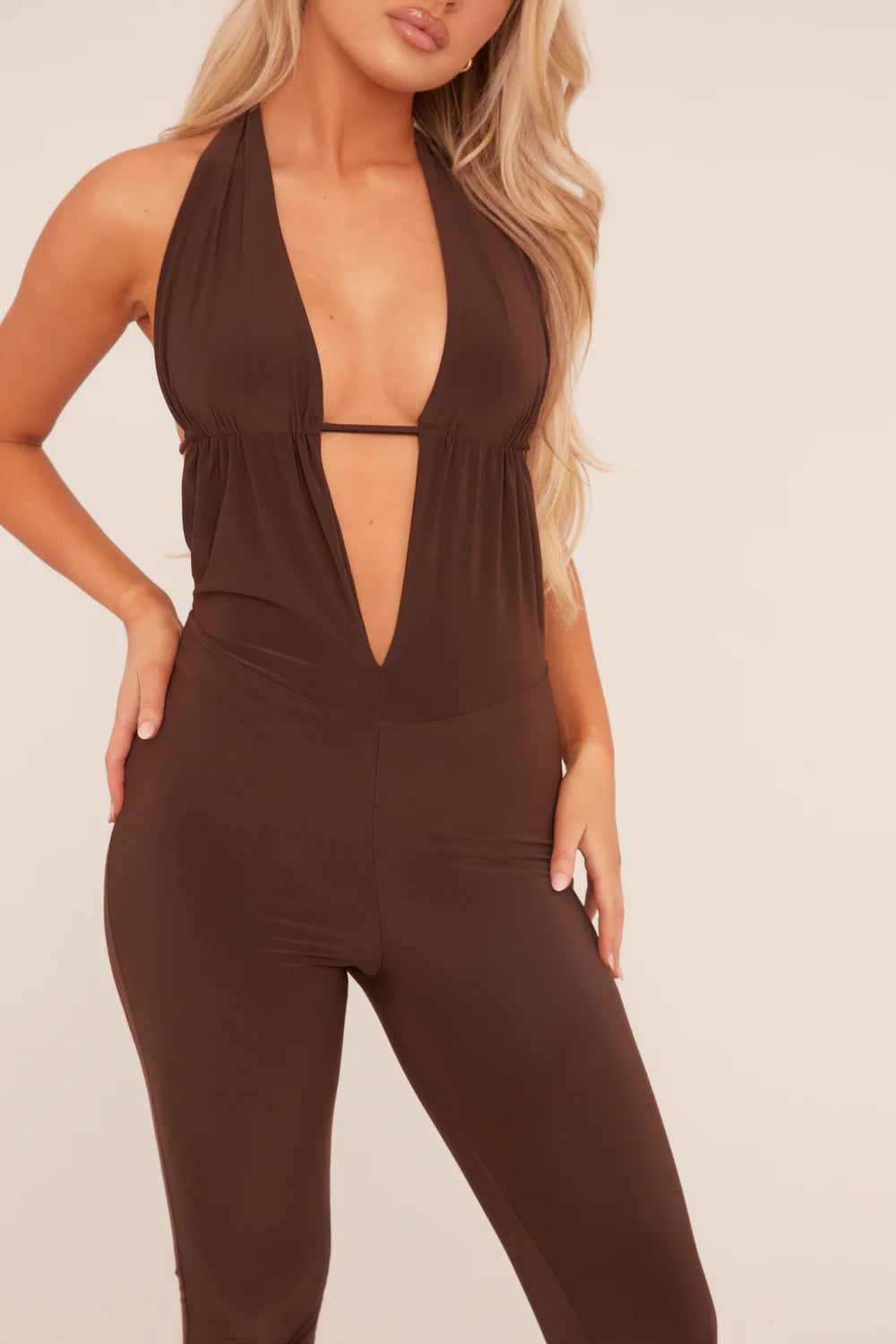 Brown Plunge Halter Neck Jumpsuit - Liliana