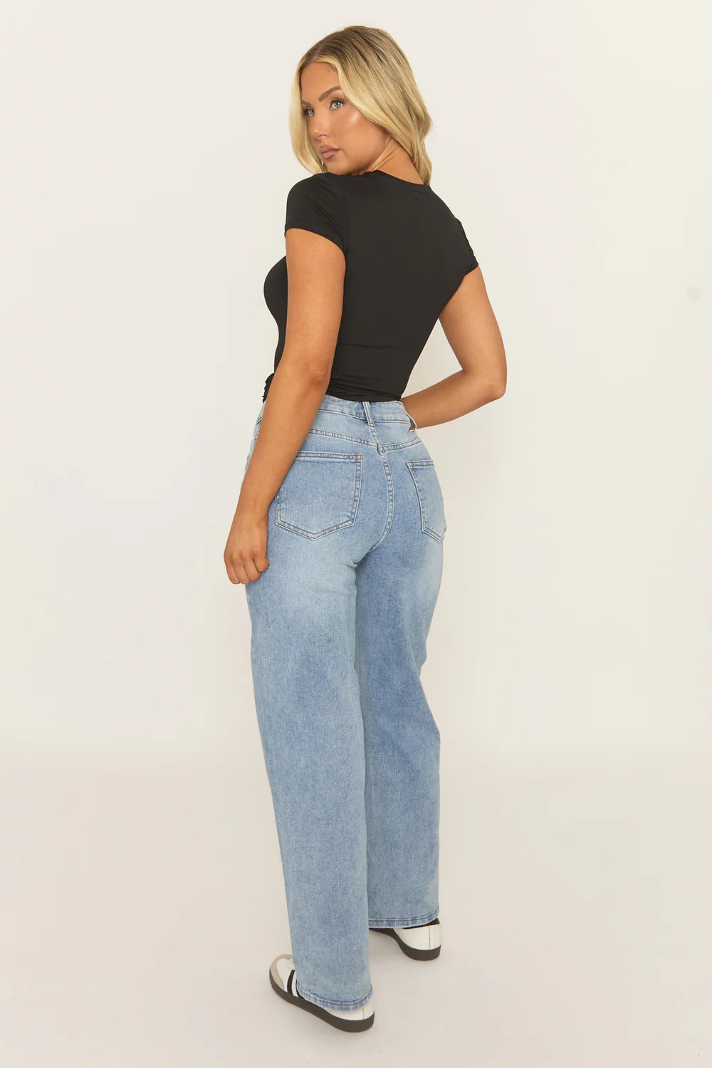 Mid Blue Asymmetric Waist Wide Leg Denim Jeans - Freyon