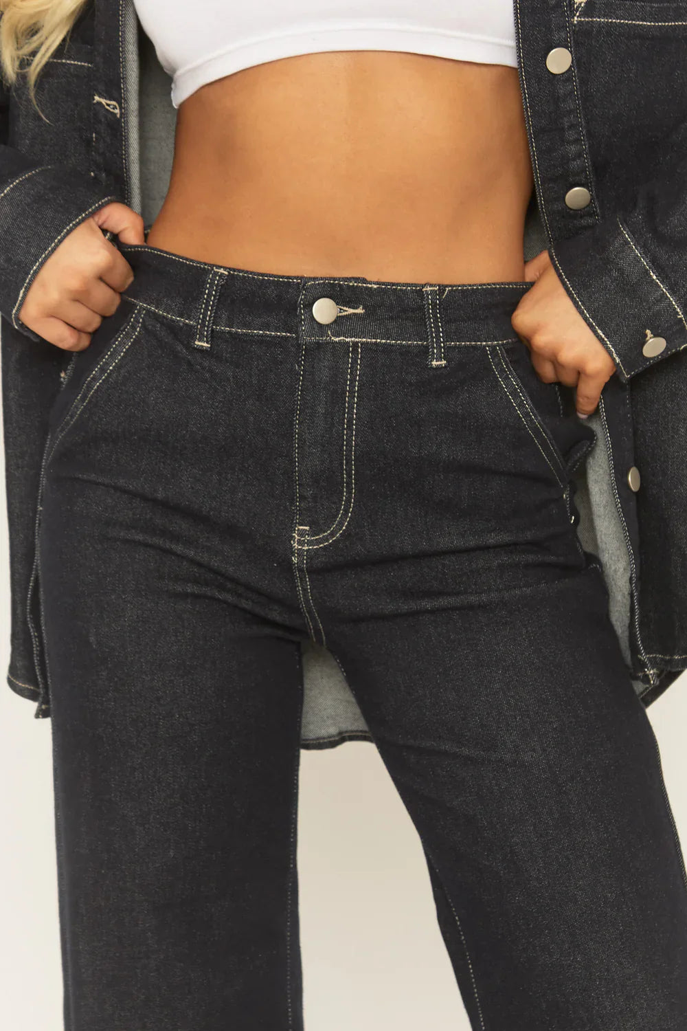 Indigo Denim Contrast Stitch Wide Leg Jeans - Reene