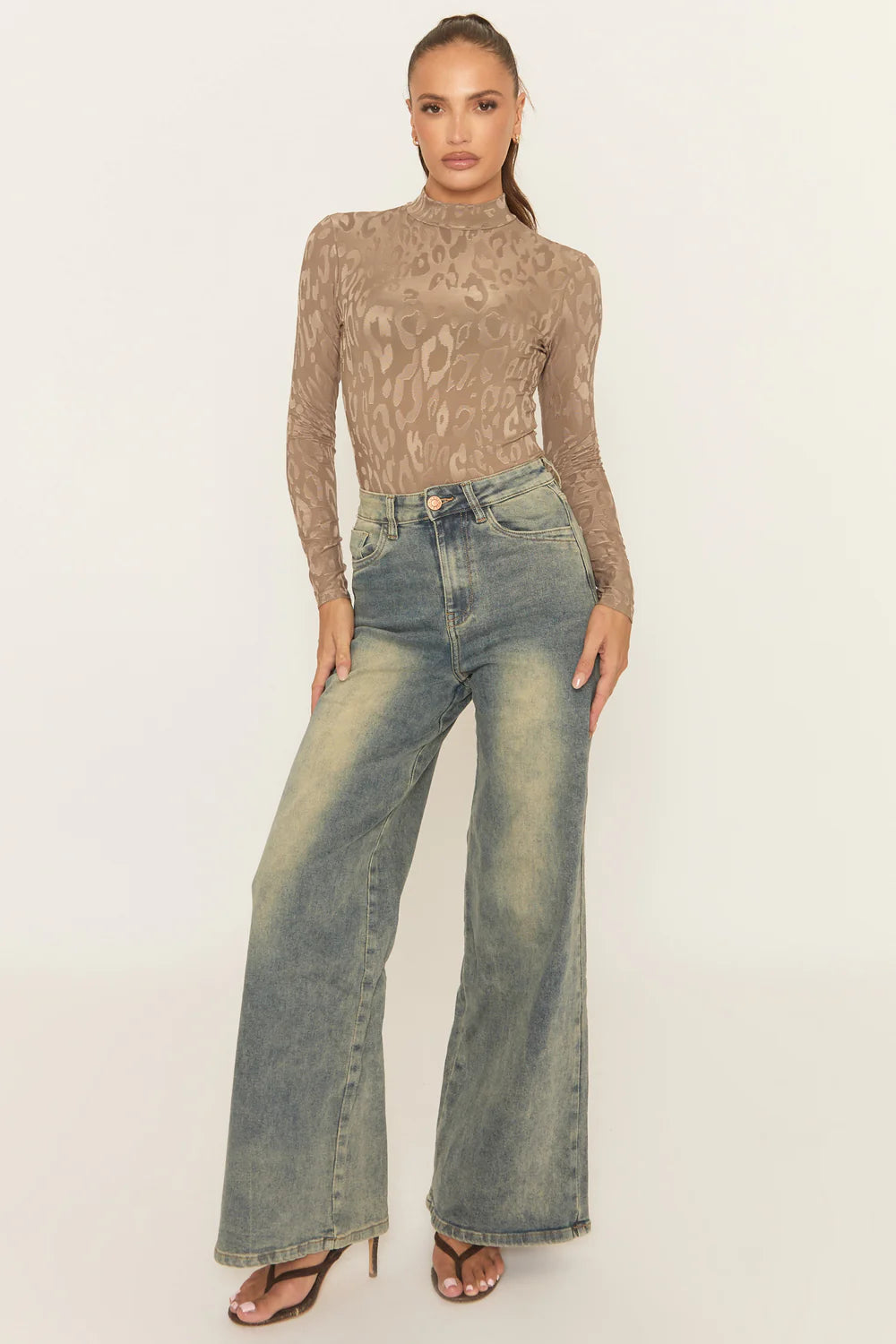 Taupe Leopard Print High Neck Bodysuit - Sareena