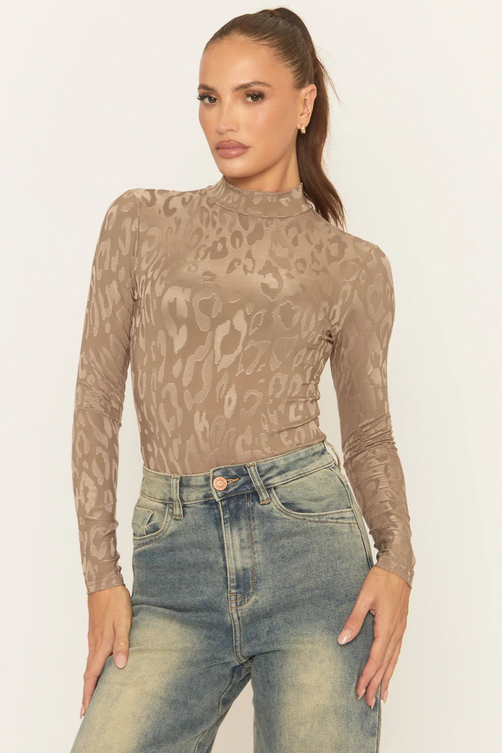 Taupe Leopard Print High Neck Bodysuit - Sareena
