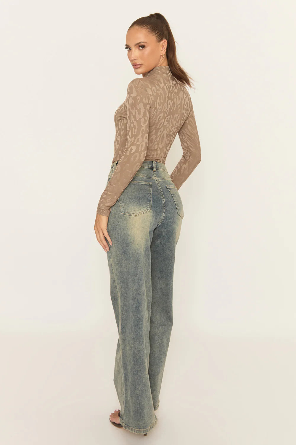 Taupe Leopard Print High Neck Bodysuit - Sareena