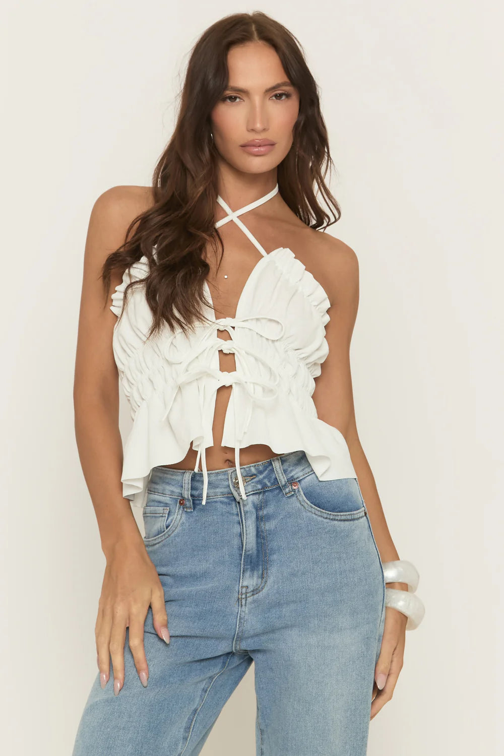 White Poplin Tie Front Crop Top - Akeeva