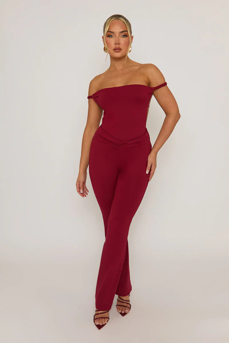 Wine Open Back Bardot Jumpsuit - Alessandra