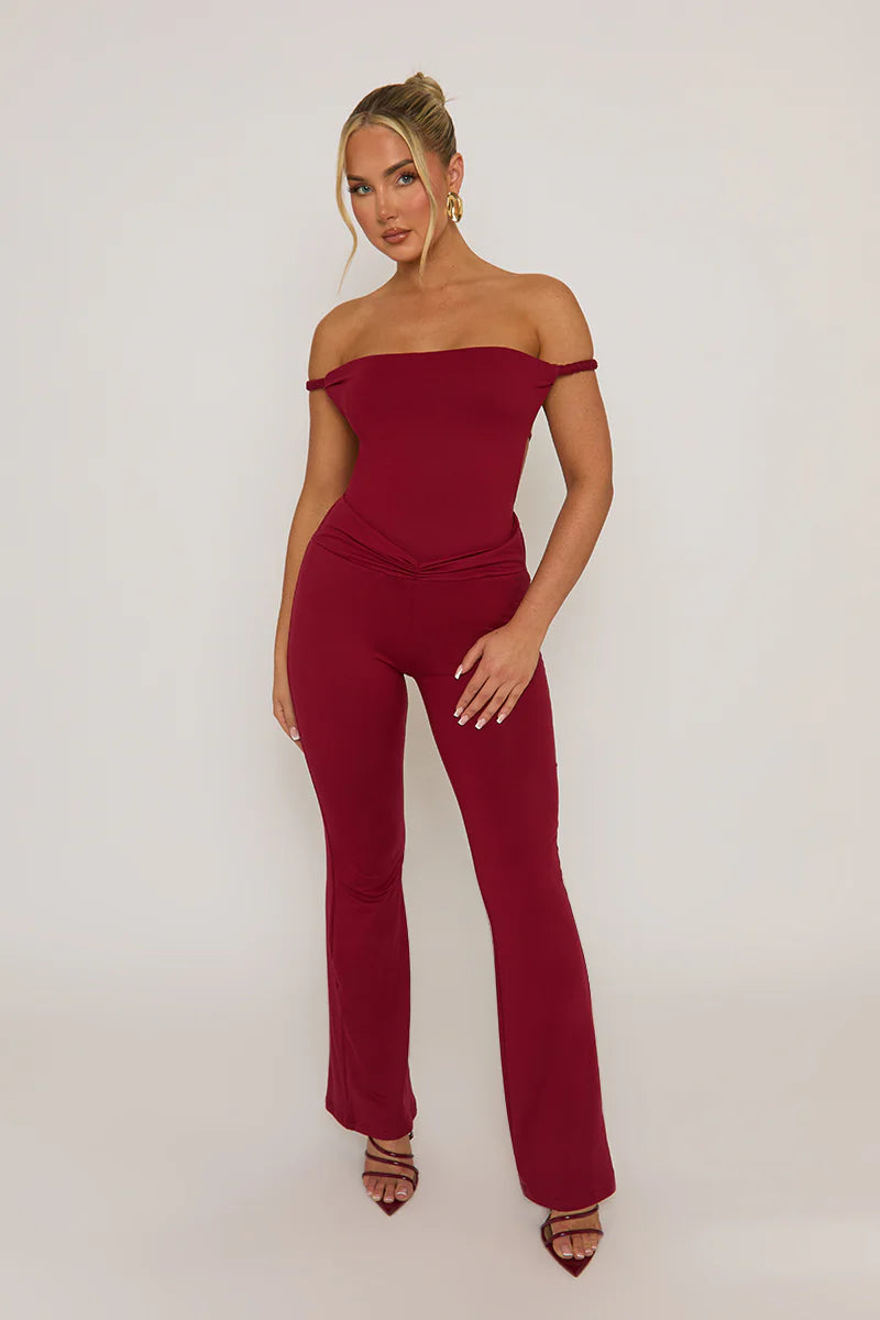 Wine Open Back Bardot Jumpsuit - Alessandra