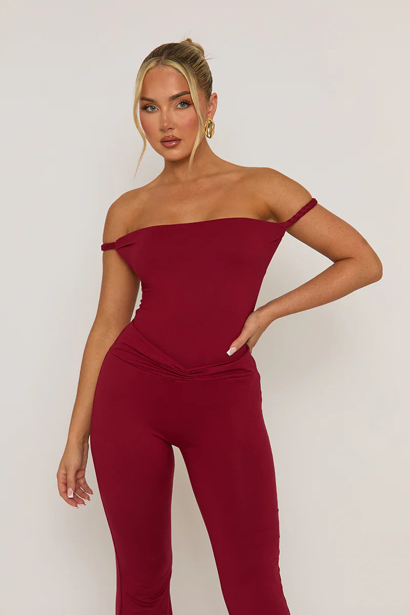 Wine Open Back Bardot Jumpsuit - Alessandra