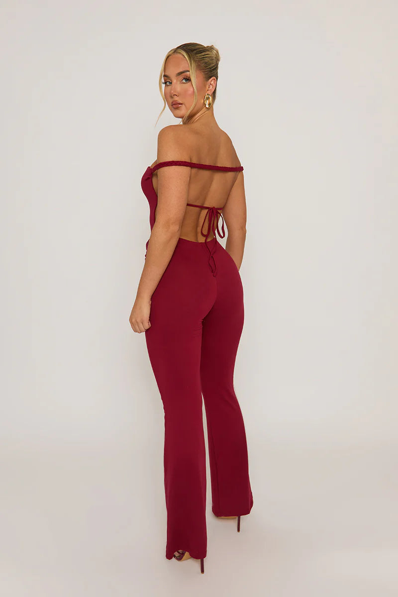 Wine Open Back Bardot Jumpsuit - Alessandra