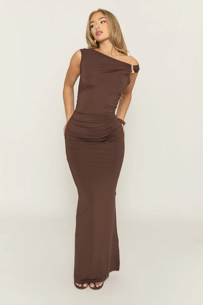 Chocolate Asymmetric Trim Detail Maxi Dress - Nikky