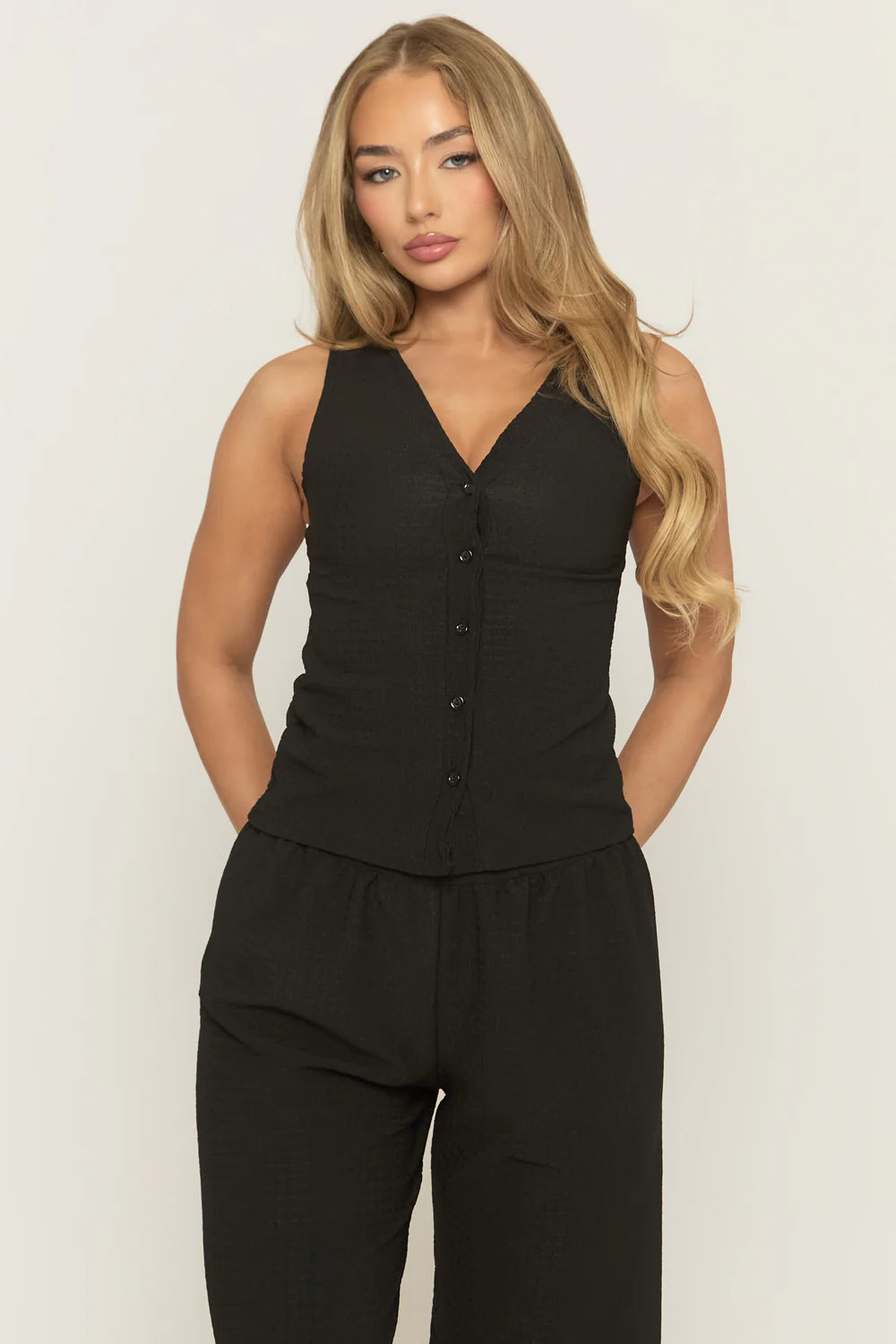 Black Crinkle Waistcoat and Wide Leg Trouser Co-ord Set - Oslo