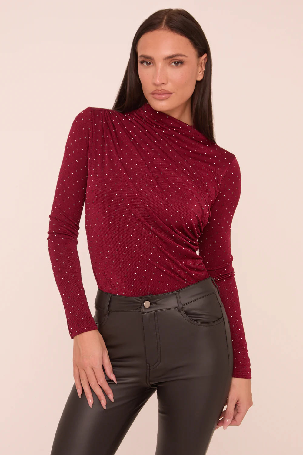 Burgundy Ruching Detail Long Sleeves Bodysuit - Quinn