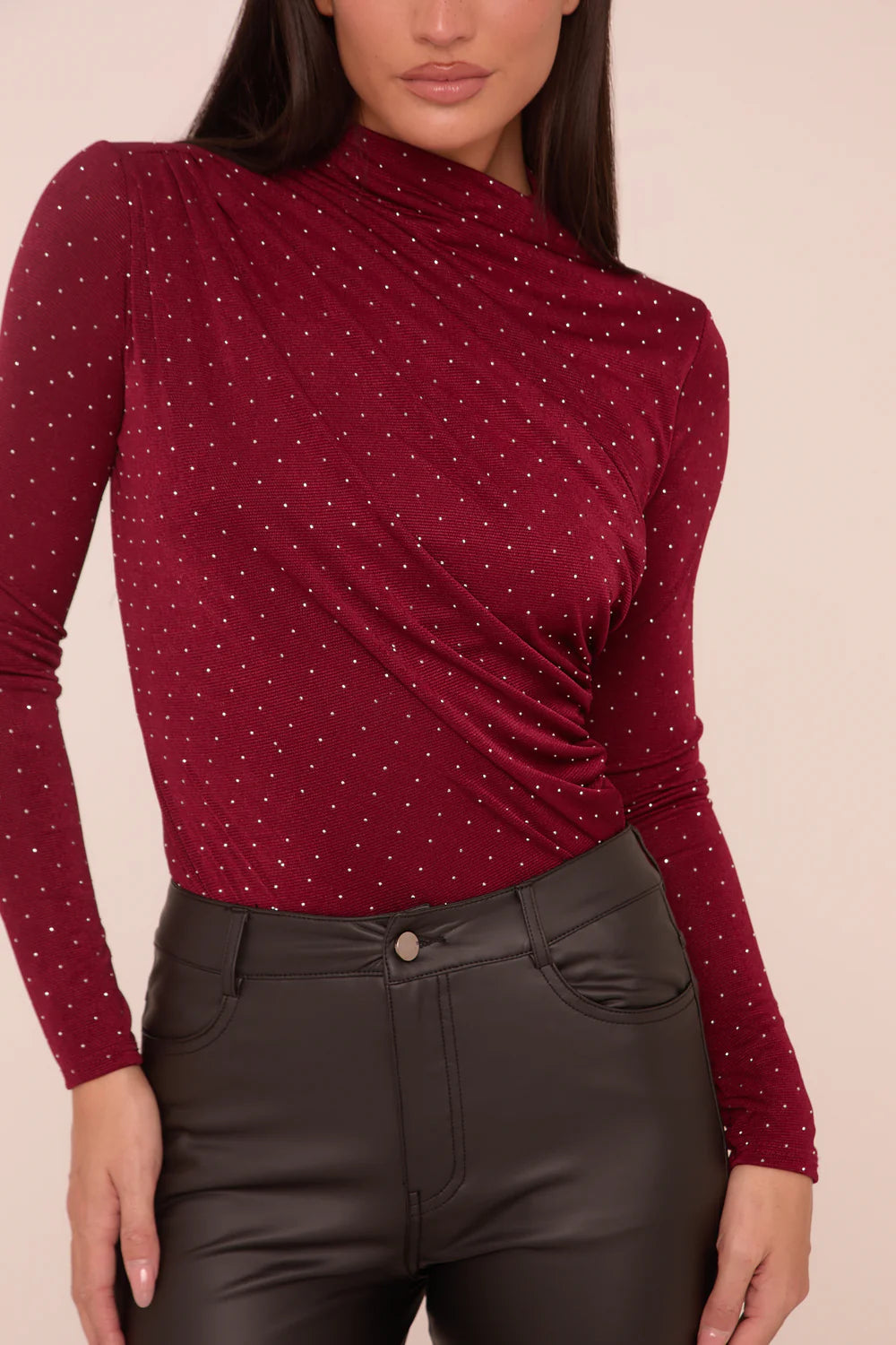 Burgundy Ruching Detail Long Sleeves Bodysuit - Quinn