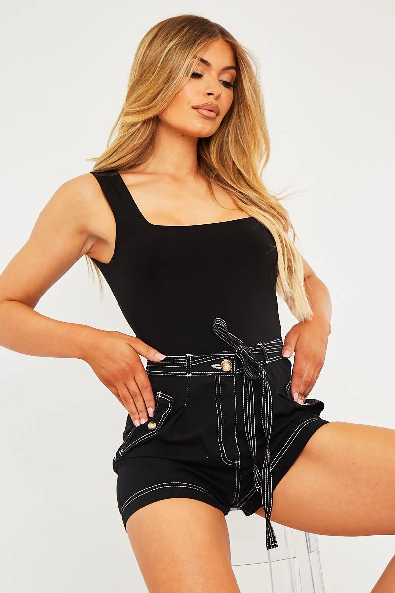 Camel Contrast Stitch Belted Shorts - Michella