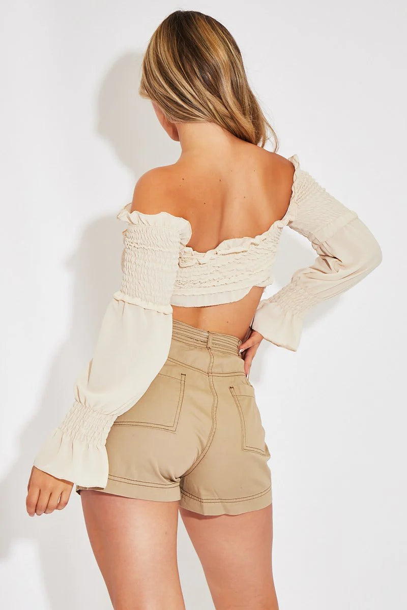 Camel Contrast Stitch Belted Shorts - Michella