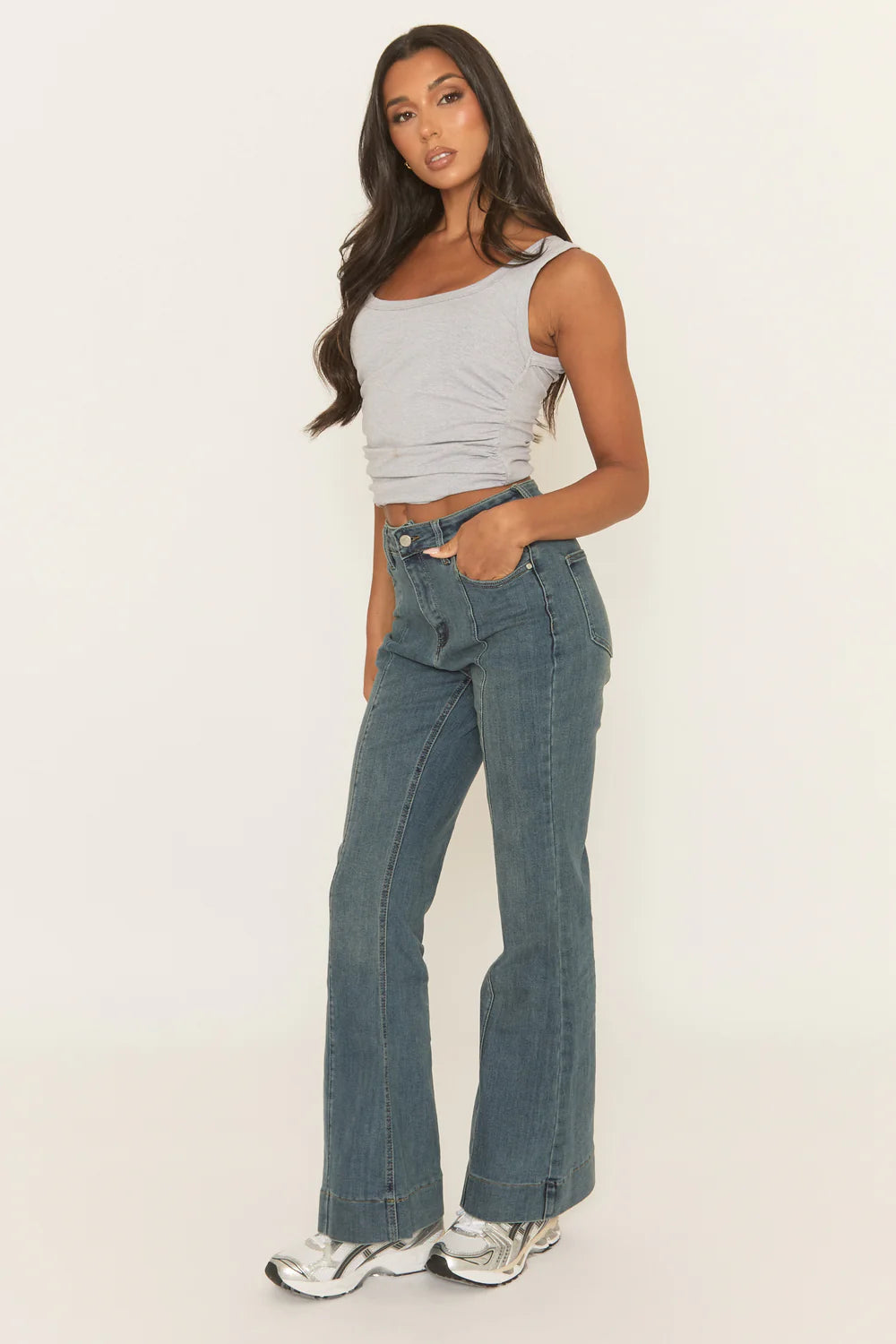 Mid Blue Seam Detail Flare Denim Jeans - Aoife
