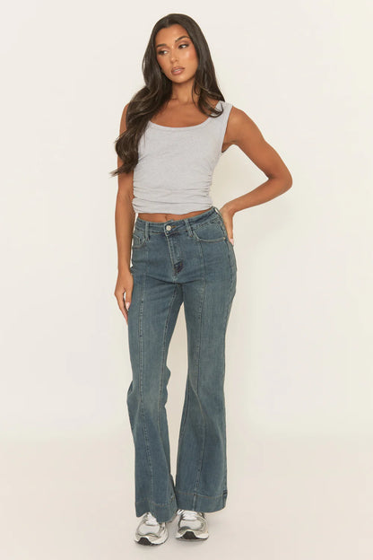 Mid Blue Seam Detail Flare Denim Jeans - Aoife