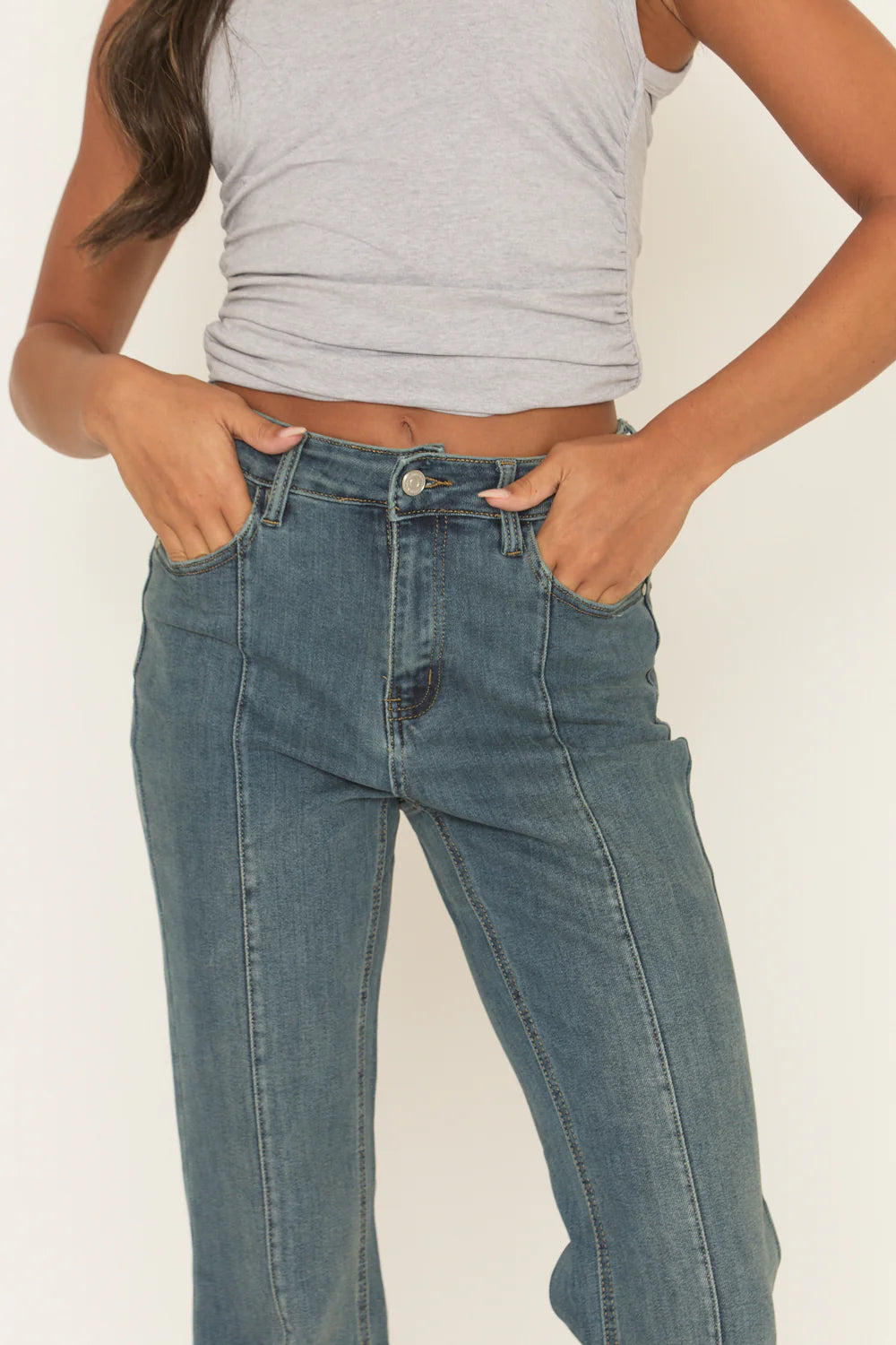 Mid Blue Seam Detail Flare Denim Jeans - Aoife