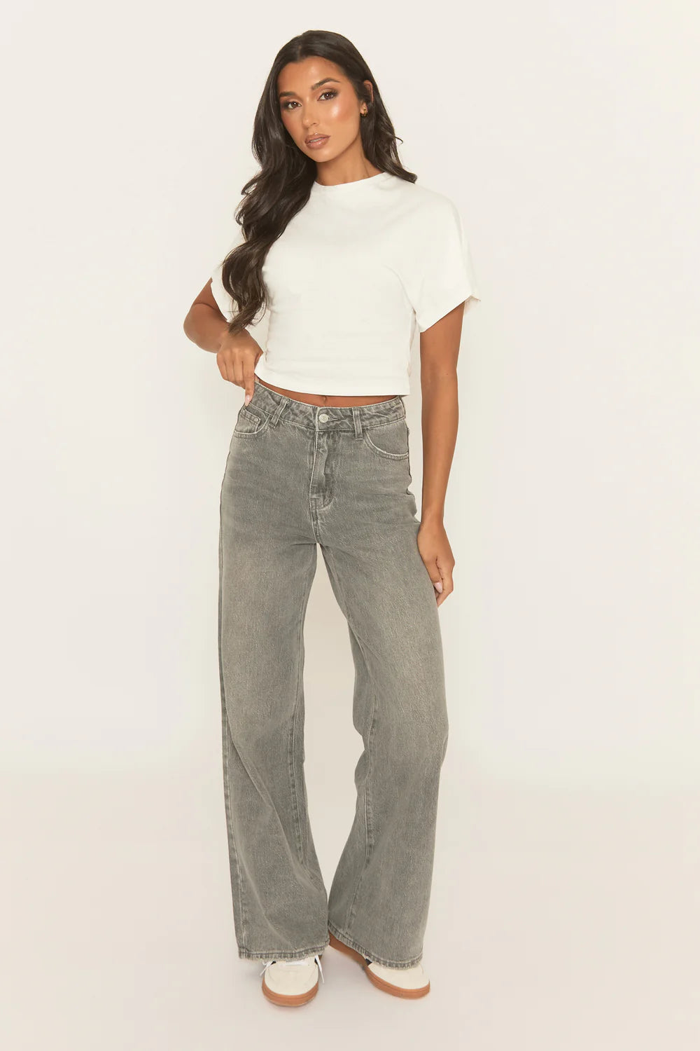 Acid Wash Grey Wide Leg Jeans - Jelara