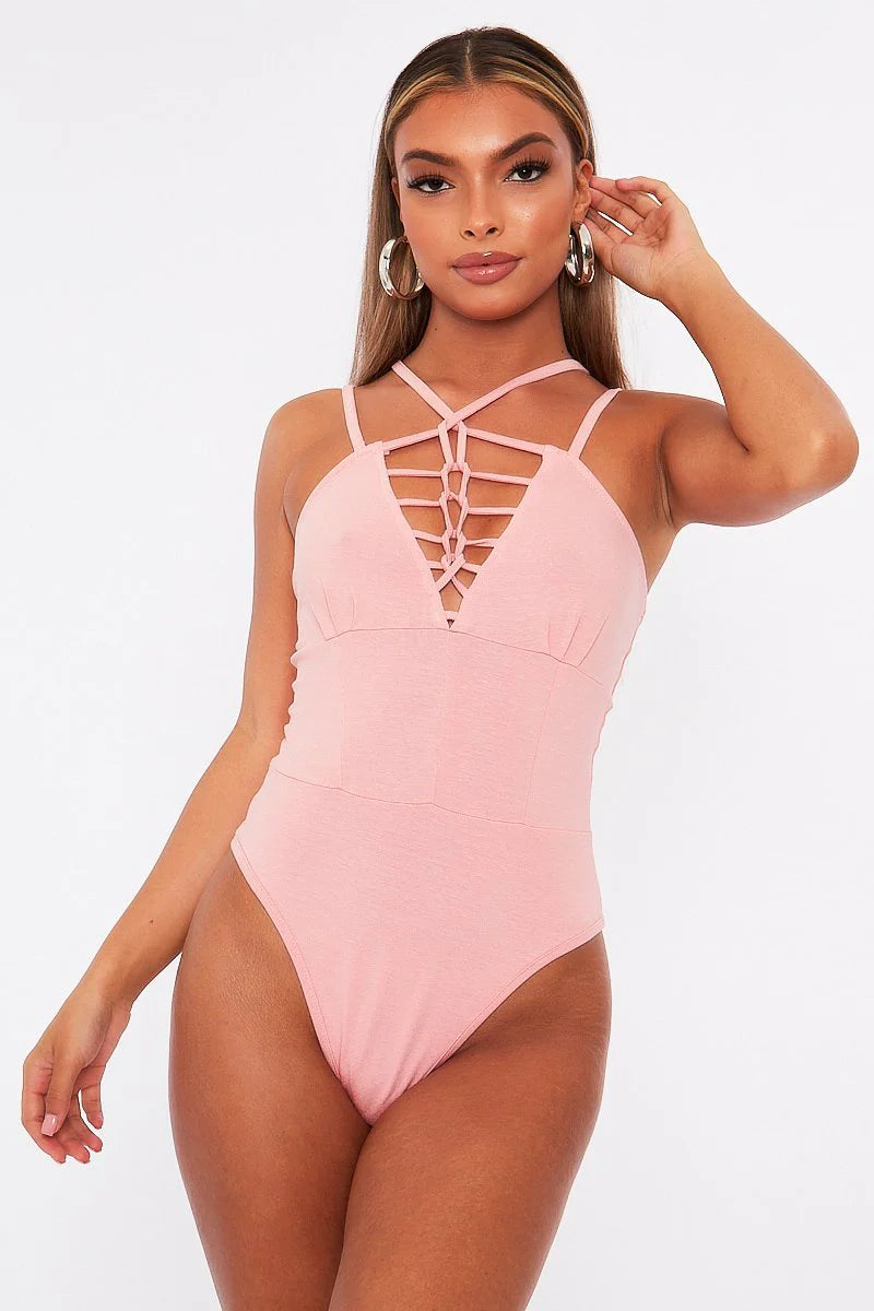 Pink Lace Up Front Bodysuit - Gea