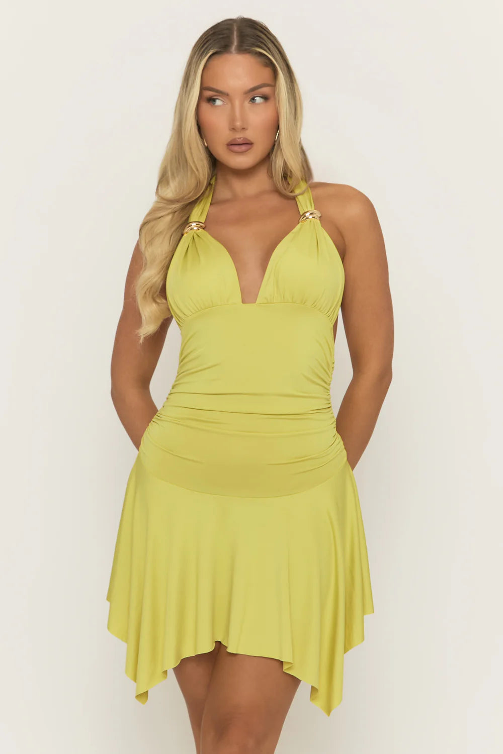 Green Trim Detail Asymmetric Waterfall Hem Mini Dress - Ismay