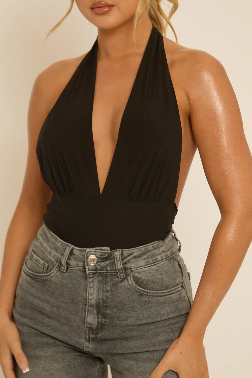 Black Slinky Plunge Bodysuit - Akari