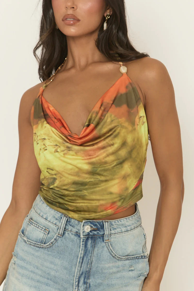 Green Multi Printed Ring Detail Cowl Halterneck Top - Adlee