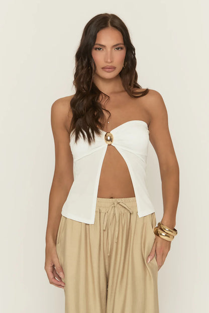 Stone Linen Look Tie Waist Wide Leg Trousers - Kamarla