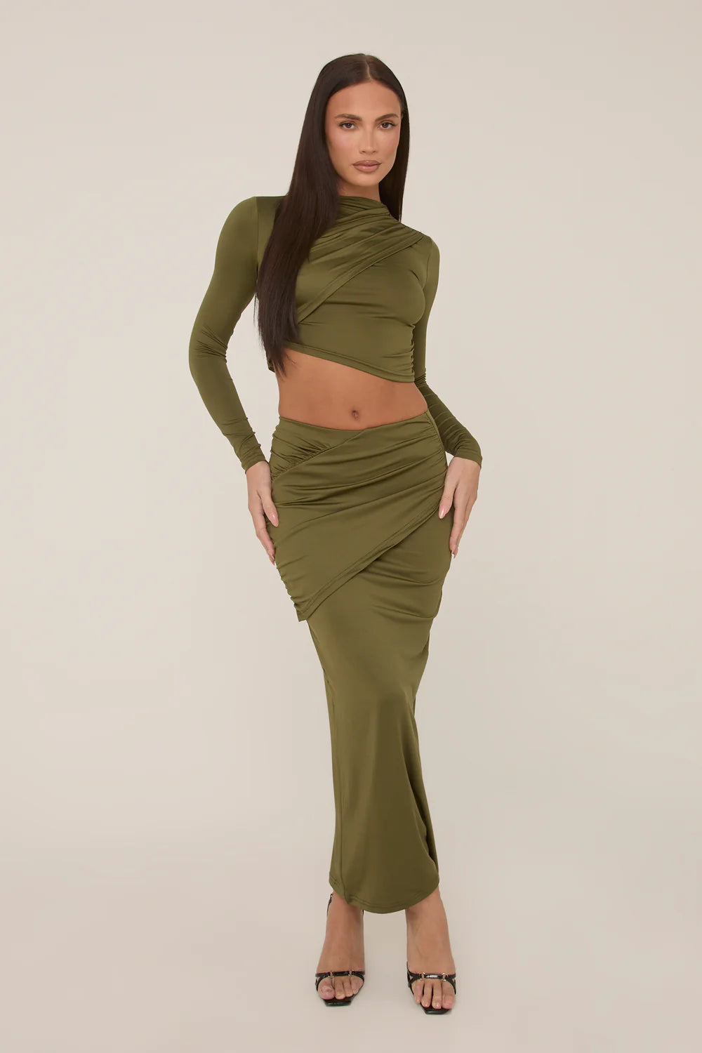 Khaki Wrap Detail Maxi Skirt Co-ord - Eleanor