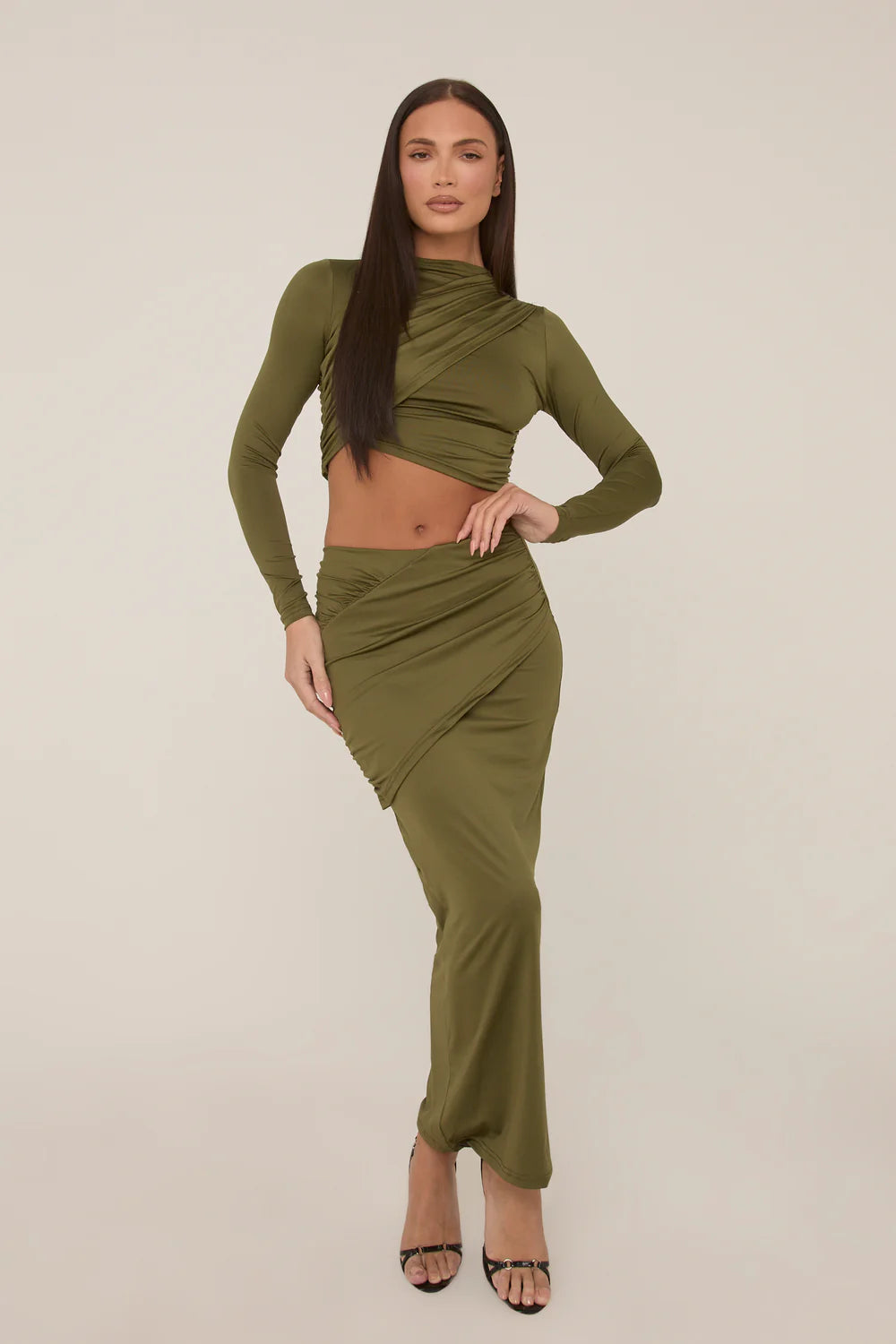 Khaki Wrap Detail Maxi Skirt Co-ord - Eleanor