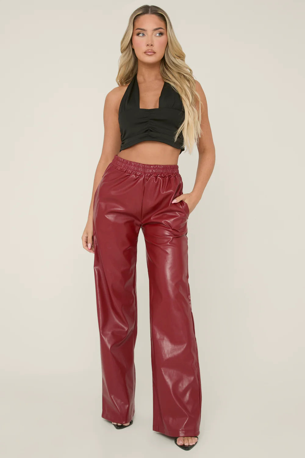Wine Faux Leather Elastic Waist Wide Leg Trousers - Frankie