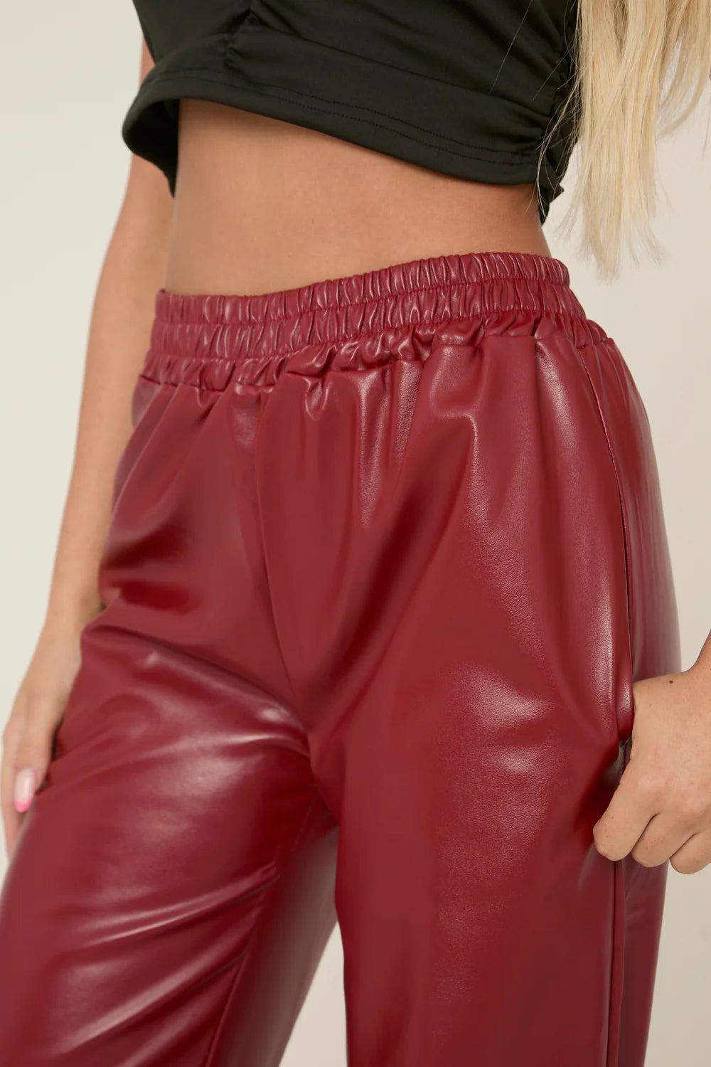 Wine Faux Leather Elastic Waist Wide Leg Trousers - Frankie