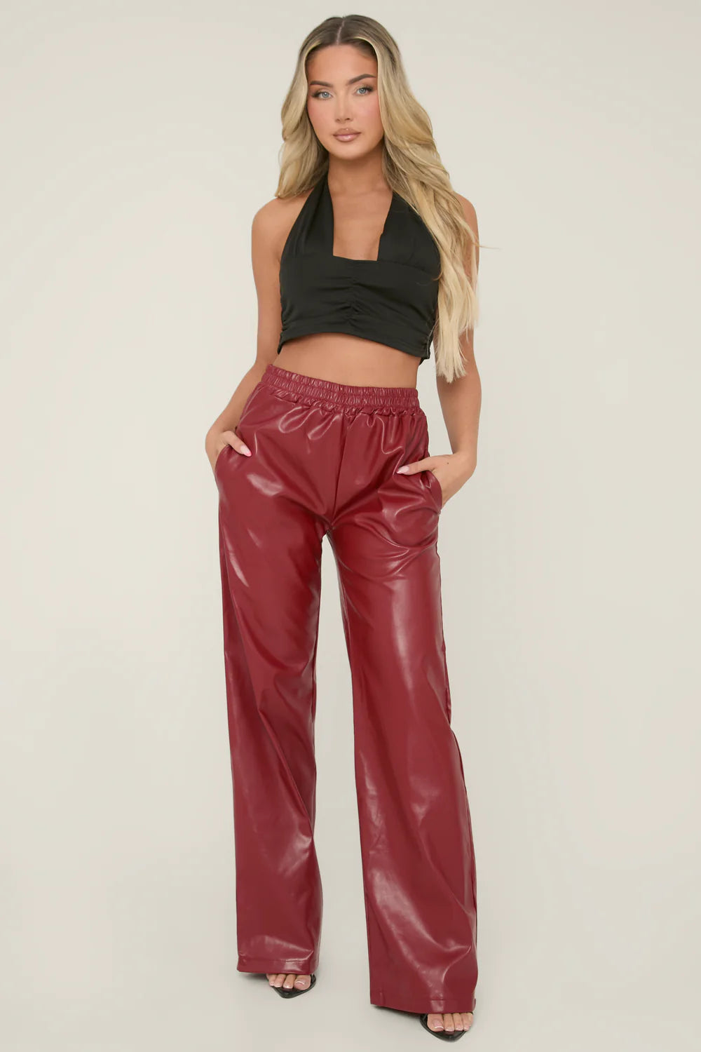 Wine Faux Leather Elastic Waist Wide Leg Trousers - Frankie