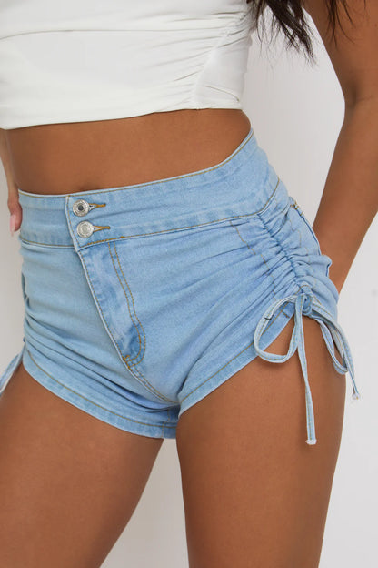 Light Blue Ruched Side Denim Shorts - Demi