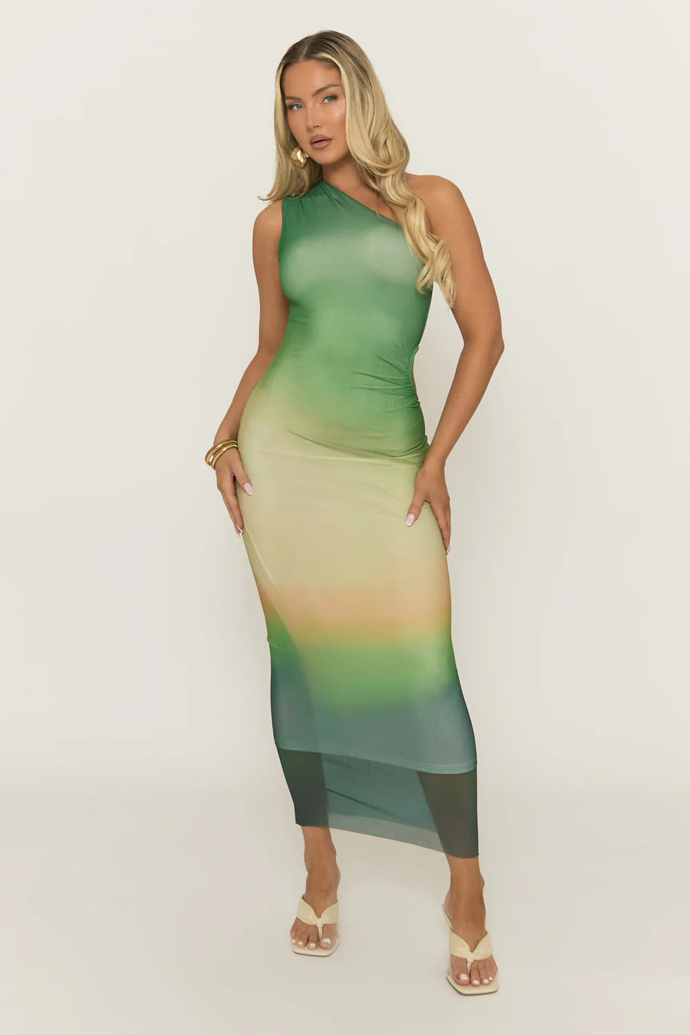 Green One Shoulder Mesh Maxi Dress - Arlowe
