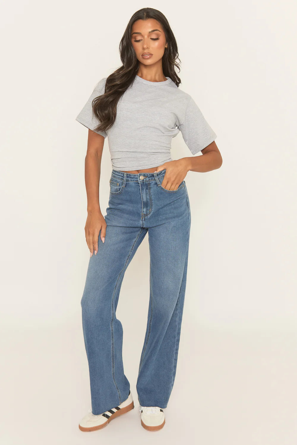 Mid Blue Raw Hem Wide Leg Denim Jeans - Ayleen