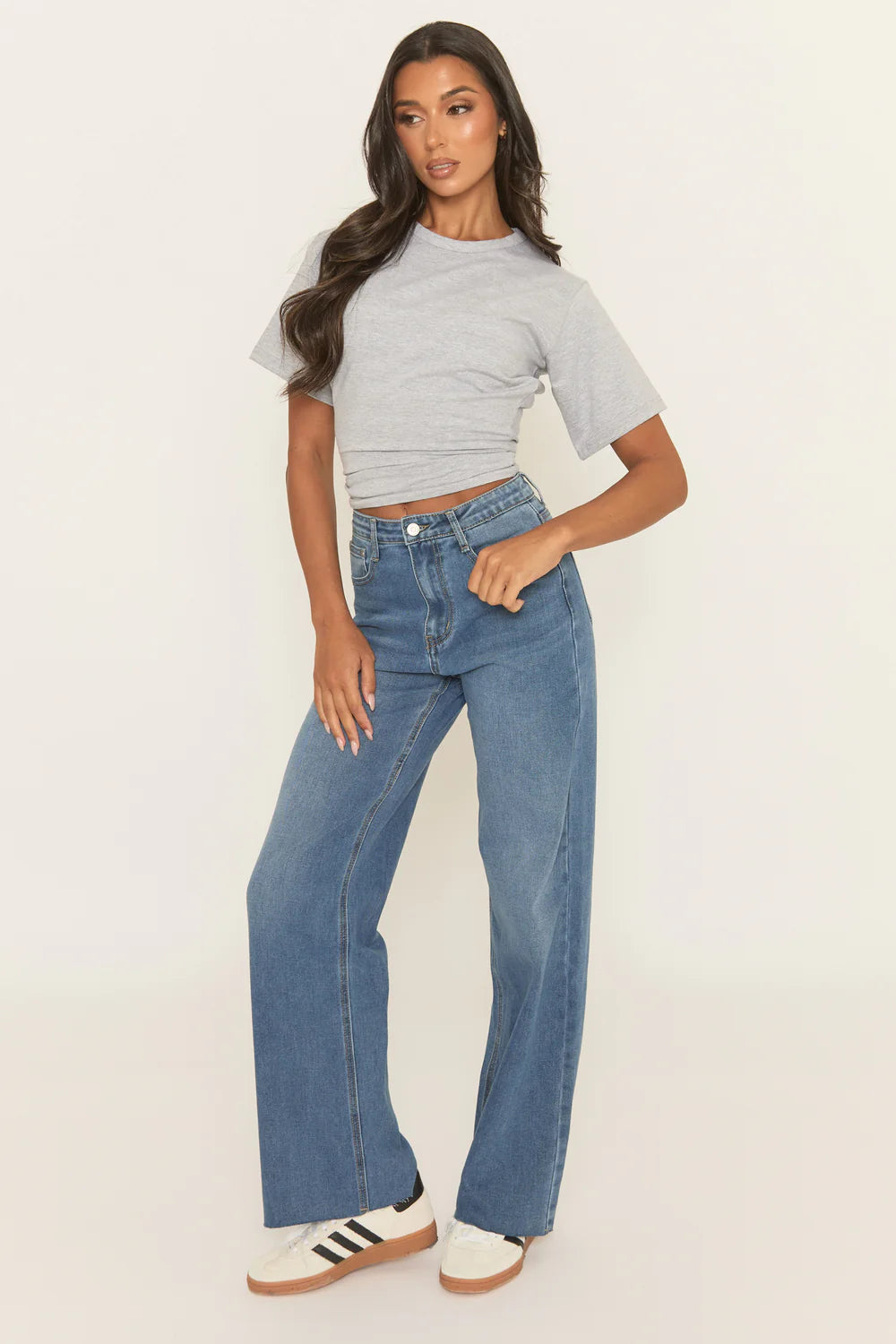 Mid Blue Raw Hem Wide Leg Denim Jeans - Ayleen