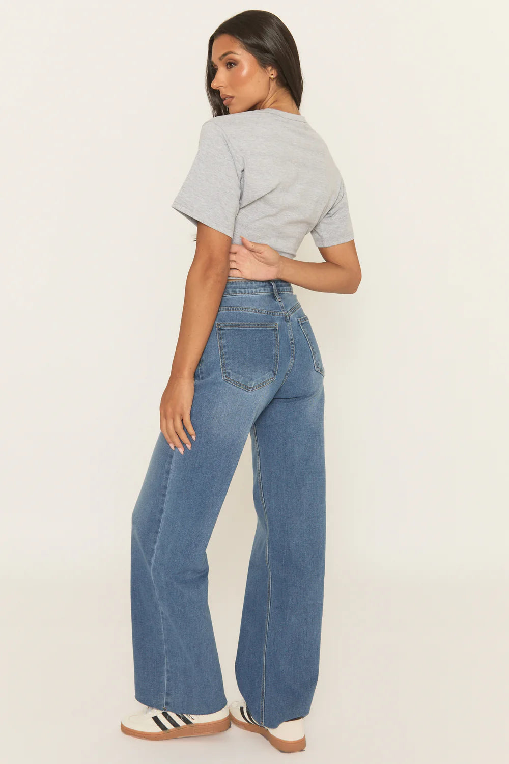 Mid Blue Raw Hem Wide Leg Denim Jeans - Ayleen