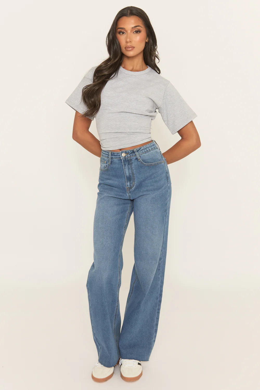 Mid Blue Raw Hem Wide Leg Denim Jeans - Ayleen